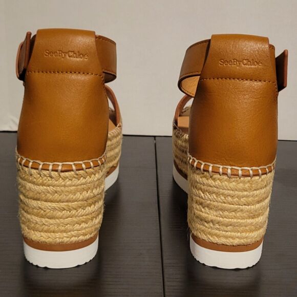 NIB See By Chloe Glyn Leather Tan Espadrille Platform Wedge Sandal Size 40 (9) - Picture 4 of 15